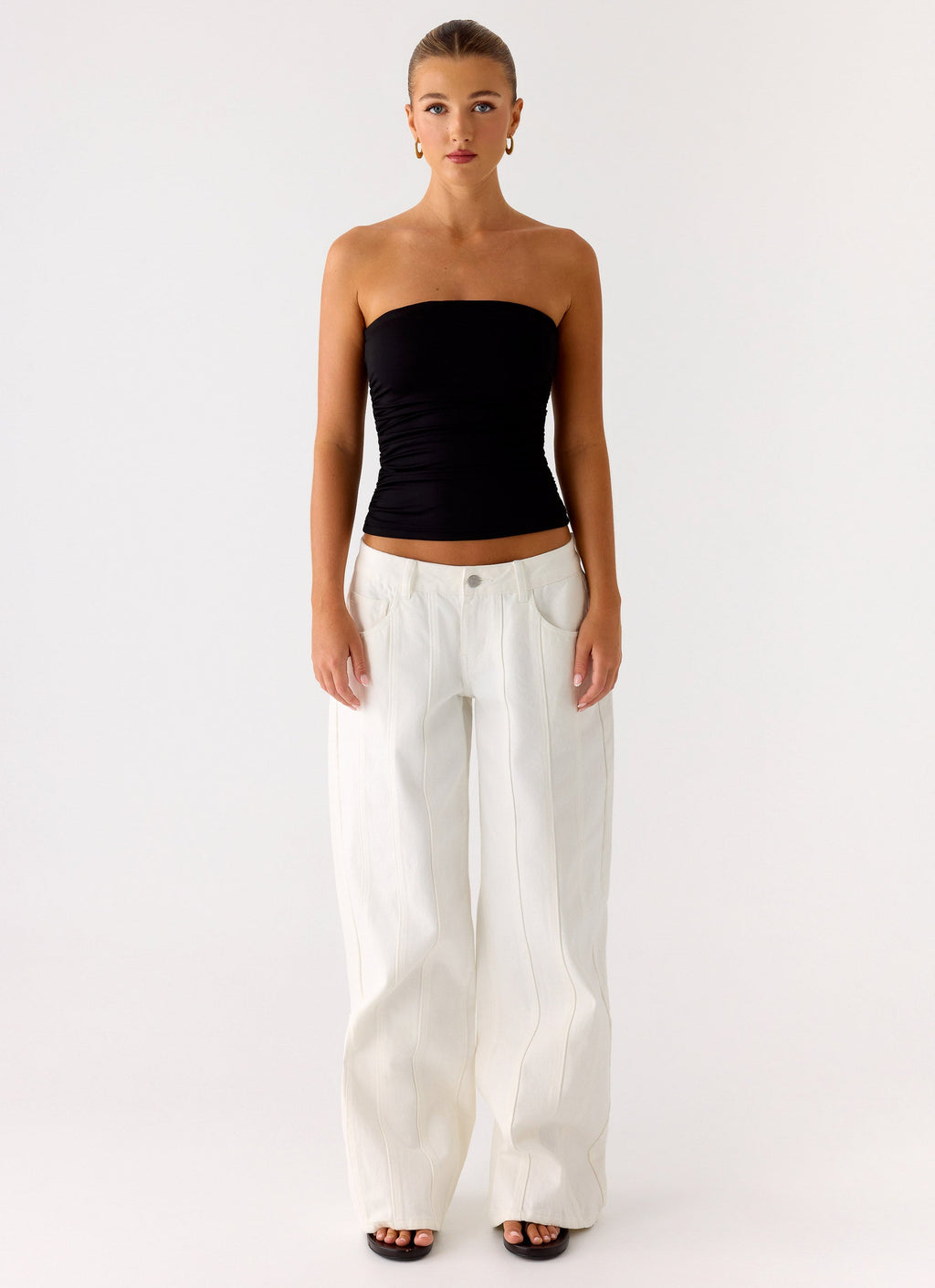 Adrienna Women's Black Strapless Top with Ruched Sides