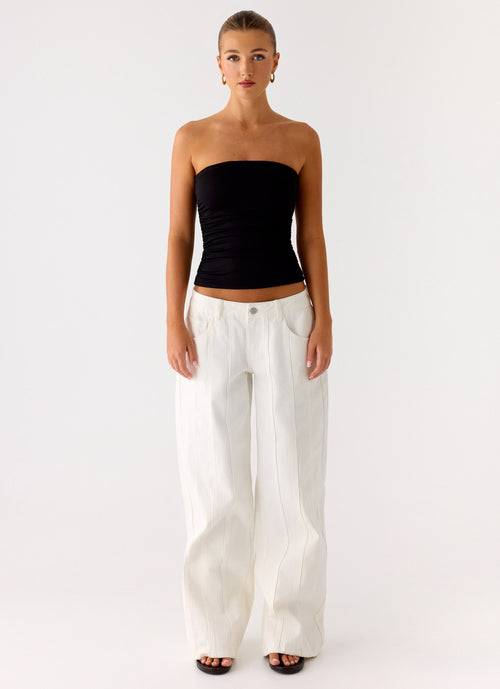 Adrienna Women's Black Strapless Top with Ruched Sides