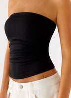 Adrienna Women's Black Strapless Top with Ruched Sides