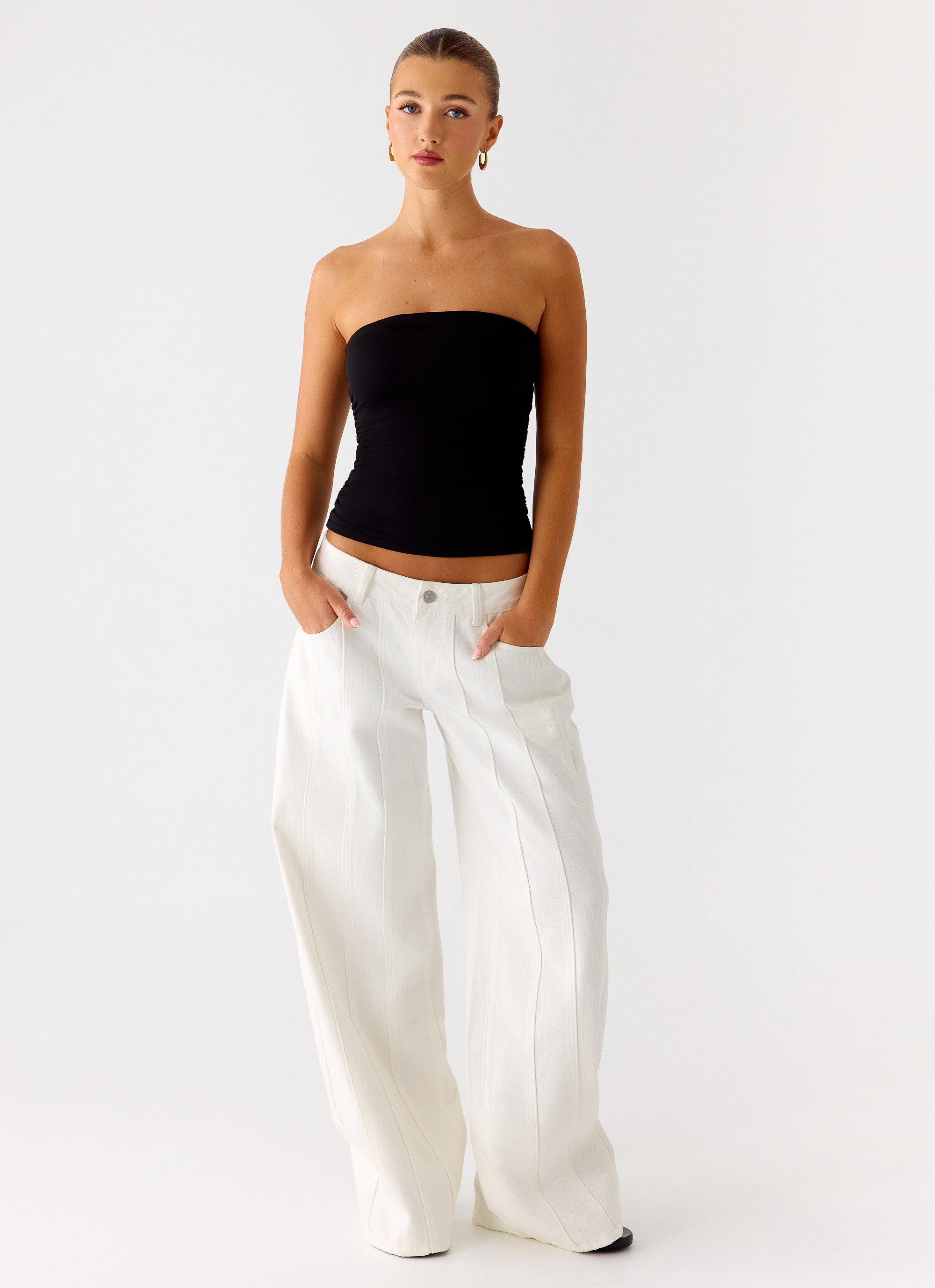 Adrienna Women's Black Strapless Top with Ruched Sides