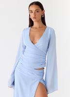 Women's V-Neck Wrap Blouse with Bell Sleeves